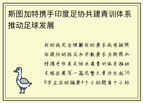 斯图加特携手印度足协共建青训体系推动足球发展 斯图加特携手印度足协共建青训体系推动足球发展