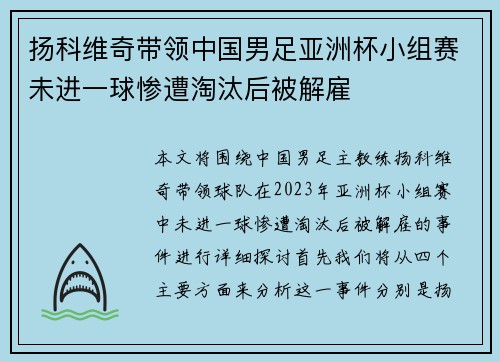 扬科维奇带领中国男足亚洲杯小组赛未进一球惨遭淘汰后被解雇